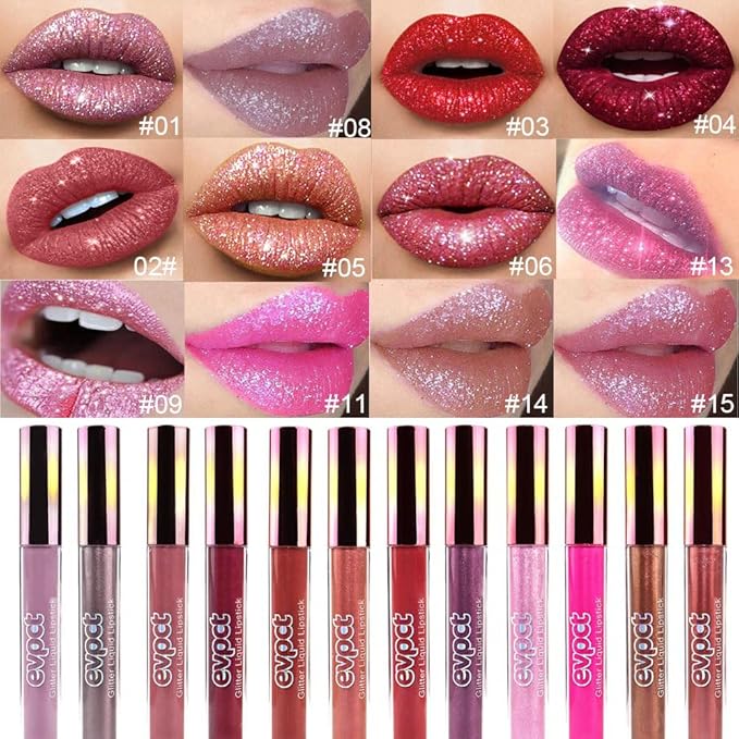evpct 2Pcs Mauve & Taupe Mauve Glitter Metallic Shimmer Diamond Lipstick Lip Gloss Stain Set for Women Long Lasting Waterproof, Purple Sparkle Glitter Matte long Wear Liquid Lipstick Lip Makeup Kit