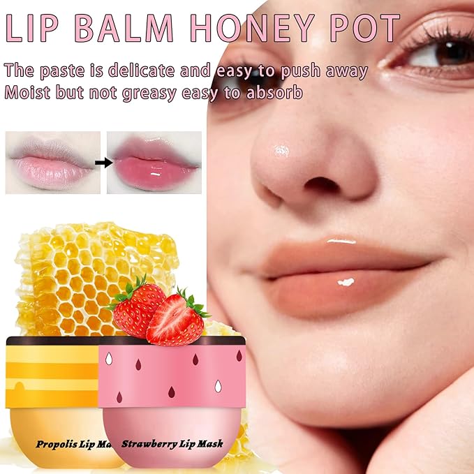 2PCS Lip Mask Overnight, Honey&Strawberry Moisturizing Repair Sleeping Lip Balm, Fade Lip Lines Bee Lip Balm, Hydrating &Prevention Dry and Crack Lip Scrubs Exfoliator (Honey & Honey)