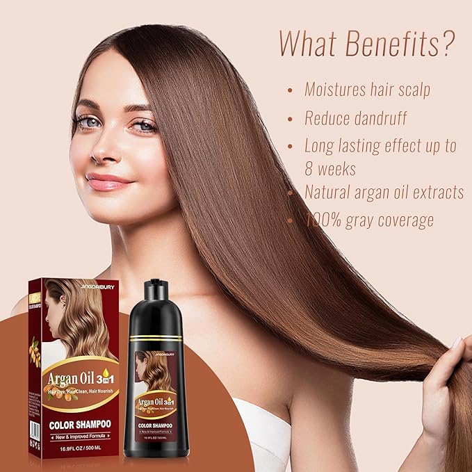 Light Brown Hair Dye Shampoo with Argan Oil, 3-in-1 Long-Lasting Formula for Men & Women, Easy to Use, 16.9 Fl Oz