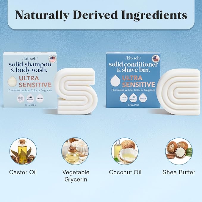 Kitsch 2-in-1 Ultra Sensitive Shampoo Bar & Body Wash + Conditioner Bar & Shaving Soap – Fragrance-Free Bar Soap for Sensitive Skin & Scalp - For Healthy, Radiant Hair and Skin - Made in USA – 2pcs