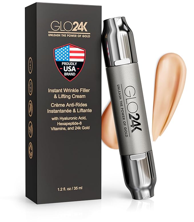 GLO24K Instant Wrinkle Filler for Face, XL Lifting Cream for Eye and Face, Lift and Tightening Non-Invasive with Hyaluronic Acid, 24k Gold, Peptides and Vitamins for Youthful Appearance, 1.2 fl oz