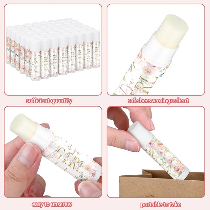 50 Pack Floral Baby Shower Lip Balm Party Supplies Bulk for Girls Guests It's a Girl Baby Shower Gifts Gender Reveal Favors Prizes Souvenirs Winners Thank You Appreciation Gifts