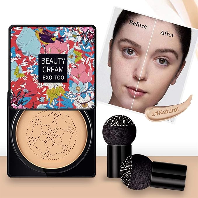 Mushroom Head Air Cushion CC Cream Foundation,Beauty Cream EXO TOO Moisturizing BB Cream, Long Lasting Matte Concealer with 2PCS Mushroom Head Sponges (Natural)