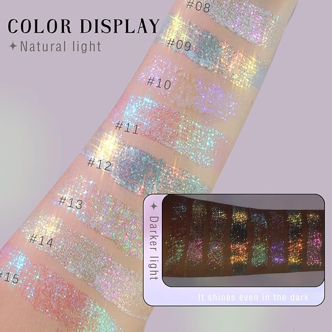 2 Colors Roll-on Body Glitter Gel, Holographic Glitter Gel Under Light for Face Hair, Body Shimmer for Rave Accessories Christmas New Year Halloween Makeup (11+13)