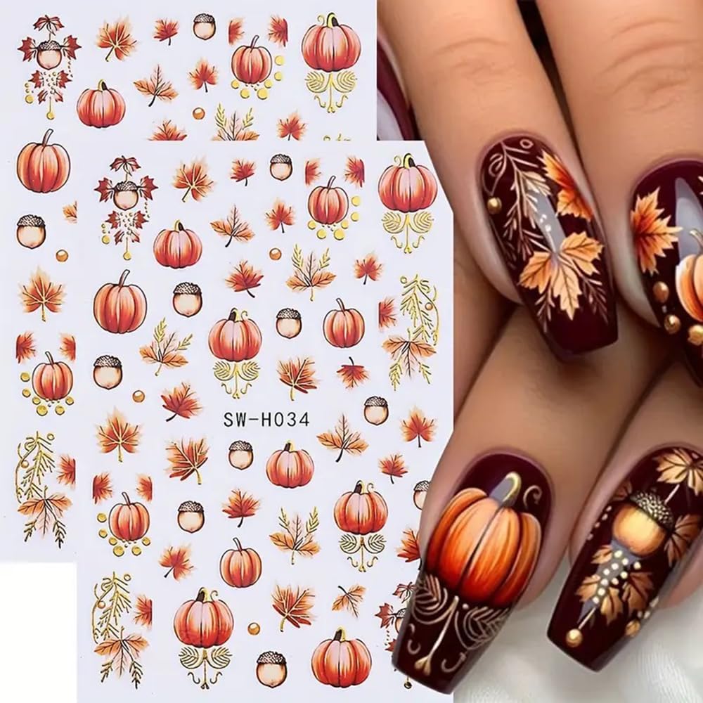 2 Sheets Fall Nail Stickers Autumn Maple Leaf Nail Art Stickers 3D Self Adhesive Maple Leaves Nails Decals for Nails Art Thanksgiving Day Nail Decoration Pumpkin Cute Manicure Supplies for Women