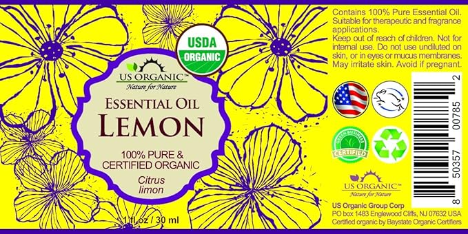US Organic 100% Pure Lemon Essential Oil - USDA Certified Organic, Cold Pressed - W/Euro droppers (More Size Variations Available) (30 ml)