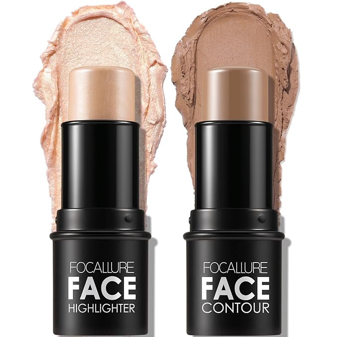 FOCALLURE 2 Pcs Mineral Cream Contour Stick,Moisturize Highlighter and Bronzer Pen,Non Stick Face Brightens & Shades Pencil,Long Lasting & Smooth Gliding Face Illuminator Makeup,23+10