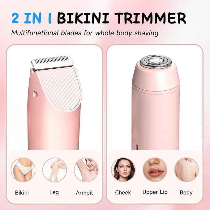 2 in 1 Bikini Trimmer for Women, Smooth and Painless Electric Razors for Women, IPX7 Waterproof Women's Electric Shaver, Rechargeable Bikini Underarm Legs Arm Body Face Trimmer Womens Shaver (Pink)