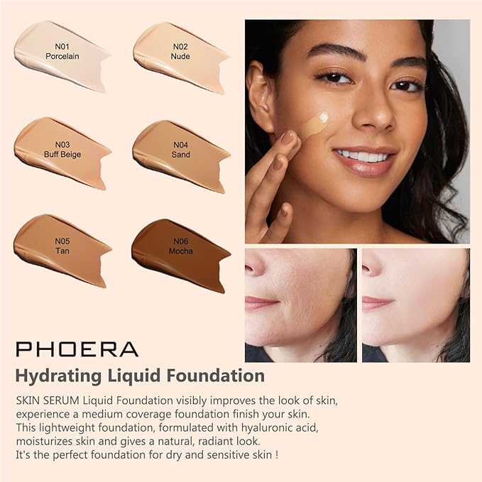 PHOERA Foundation Full Coverage,and Medium Coverage 2024 New PHOERA Foundation Makeup for Mature Skin,Lightweight Wrinkles Matte Natural Finish for a Flawless Complexion(104+N03/Buff Beige+Buff Beige)