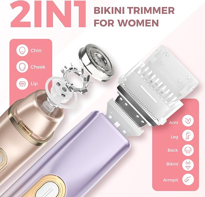 2 in 1 Bikini Trimmer for Women, Dual Head Electric Razor, IPX7 Waterproof Wet/Dry Use Women Electric Shaver, Painless Body Facial Hair Remover for Bikini Legs Arm Underarm, (Lavender)