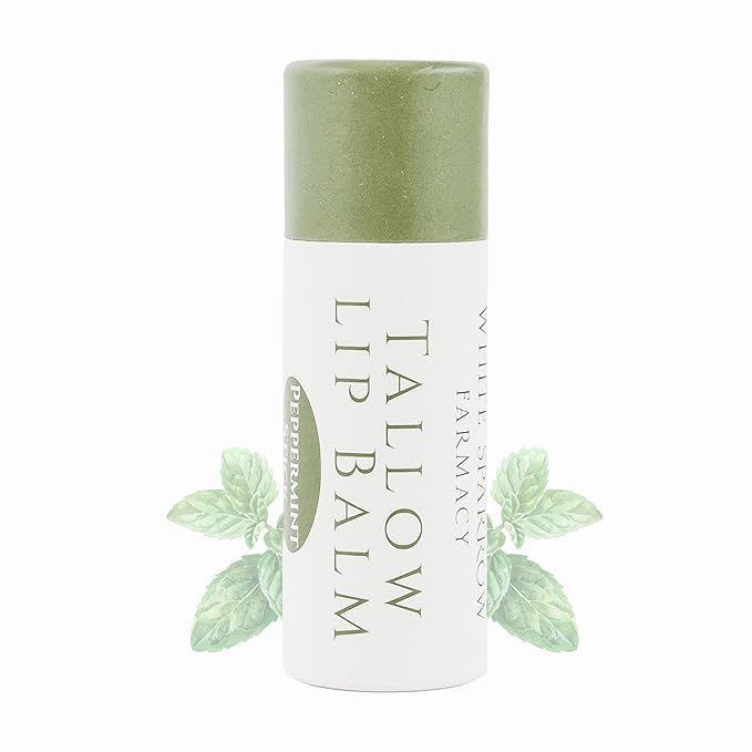 Organic Tallow Lip Balm (Peppermint) from Grass Fed Cows. Super hydrating with Tallow, Olive Oil, Honey, and Beeswax. Sustainable Cardboard Tubes & Hand Filled. Jumbo Size 0.5 oz.