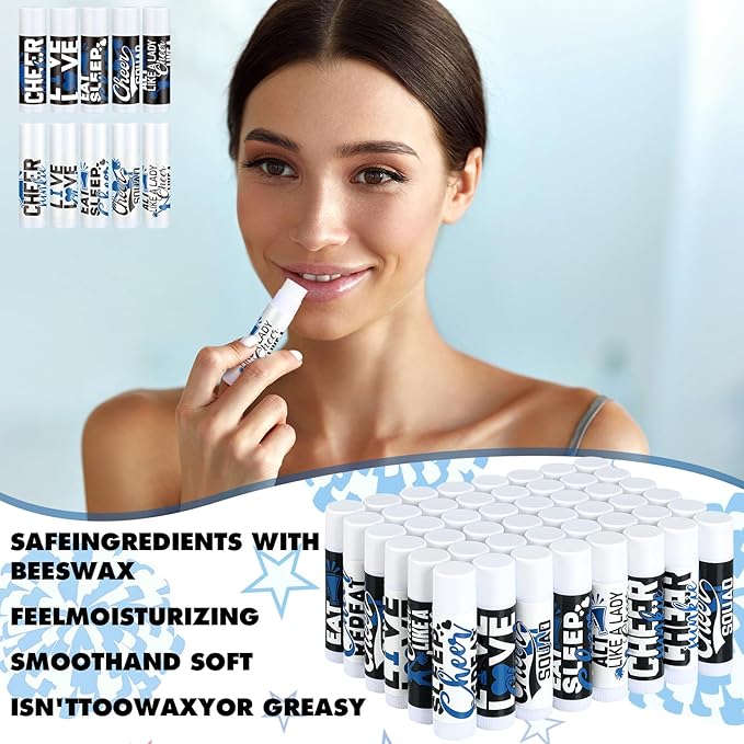 50 Sets Cheer Gifts Bulk 50 Cheer Lip Balm Bulk Moisturizing with 50 Organza Drawstring Gift Bags 50 Tags Cheerleader Gifts Cheer Gifts Bulk for Team (Blue)
