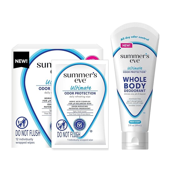 Summer's Eve, Whole Body Deodorant for Women, Ultimate Odor Control, Aluminum Free Deodorant, 3 Fl Oz + Daily Feminine Wipes with Boric Acid, Removes Odor, On-the-go Body Wipes with pH Balance, 12 ct