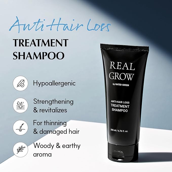 RATED GREEN REAL GROW Anti Hair Loss Treatment | Hair Strengthening Shampoo for Thinning Hair | Organic Rosemary Shampoo for Women 6.76 fl oz