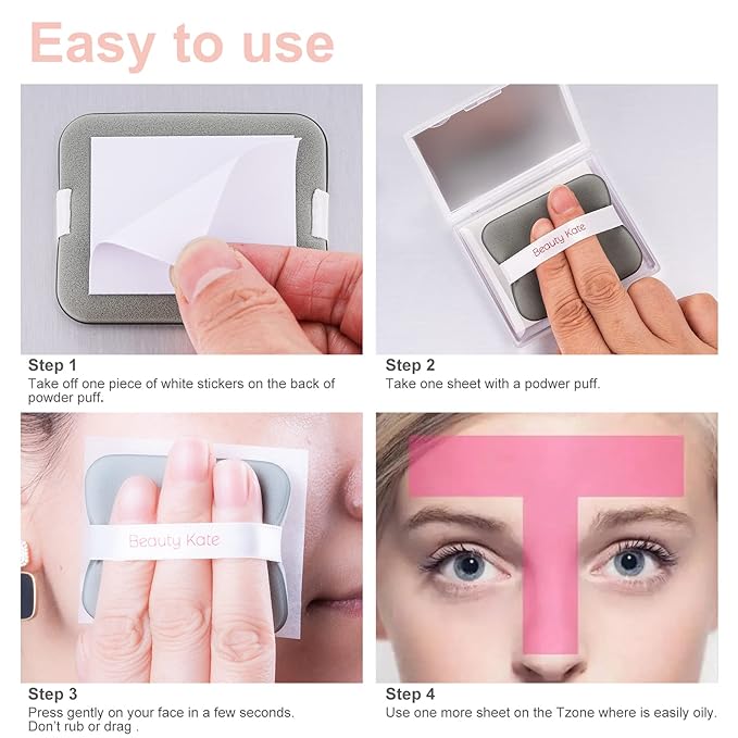 2 Pack Matter Blotting Paper for Oily Skin Total 100 Sheets with Mirror Case and Makeup Puff - Easy Dispensing Oil Blotting Sheets for Face,Makeup Friendly Oil Absorbing Sheets