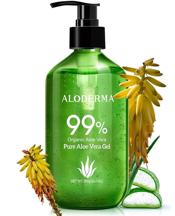 Aloderma 99% Organic Aloe Vera Gel Made within 12 Hours of Harvest - Lightweight, Non-Sticky Aloe Gel for Face Body, Hair, & Scalp, After Sun Relief, Natural, Soothing Hydrating Aloe Gel, 10.6oz