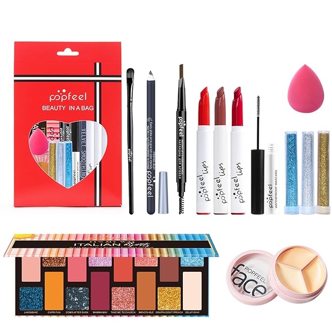All-in-one Holiday Makeup Gift Set | Full Makeup Kit for Women Multipurpose Essential Bundle Include Eyeshadow Palette Lipstick Blush Concealer Face Powder Eyeliner Mascara Lipgloss Brush