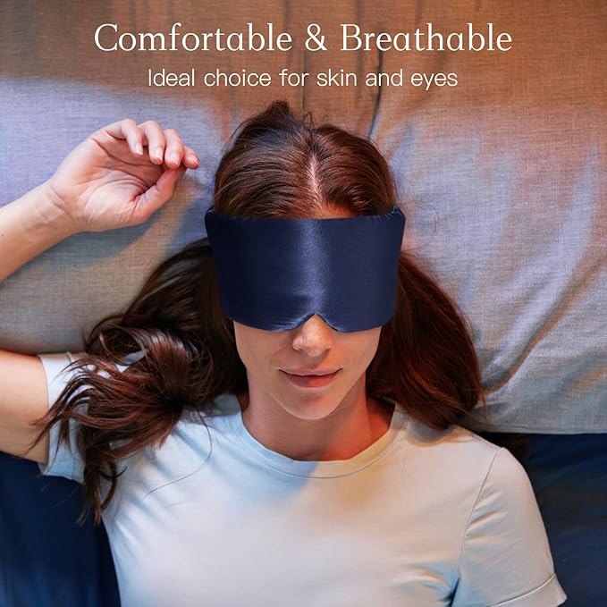 100% Natural Silk Eye Mask for Women Men, Soft Pressureless Cooling Blackout Eye Covers for Sleeping, Large Size Sleep Mask fits All Heads Adjustable, 1PC, Navy Blue