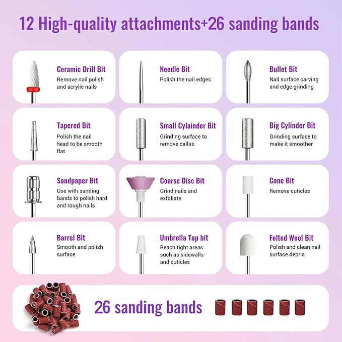 Electric Nail Drill File Cordless,Portable Rechargeable Nail File Kit for Acrylic & Gel Nails,Professional Efile for Manicure Pedicure Polishing,with 12 Nail Drill Bits 31 Sanding Bands,Purple