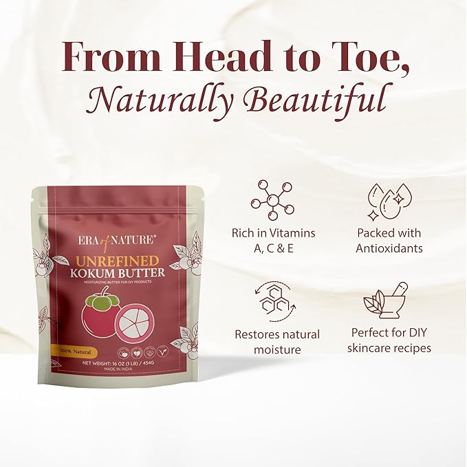 era of nature Kokum Butter Raw - 16 oz (1lb) - Natural Butter for Body Butters, Lotion Bars, Lip Balm, Soap Making – Blends Well with Shea or Cocoa Butter – For Stretch Marks, Scars, Pregnancy Care