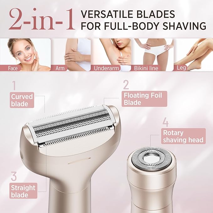 Electric Razor for Women Body: Rechargeable Painless Electric Shaver for Bikini Face Body Legs Underarms - 3-in-1 Blade and Rotary Shaving Head