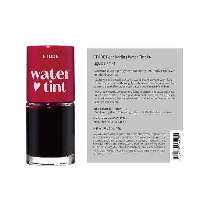 ETUDE Dear Darling Water Tint #4 Red Grapefruit Ade (9g) | Vivid Color Lip Stain with Moisturizing Weightless & Non-sticky Finish Lip Stain | Korean Makeup, Kbeauty