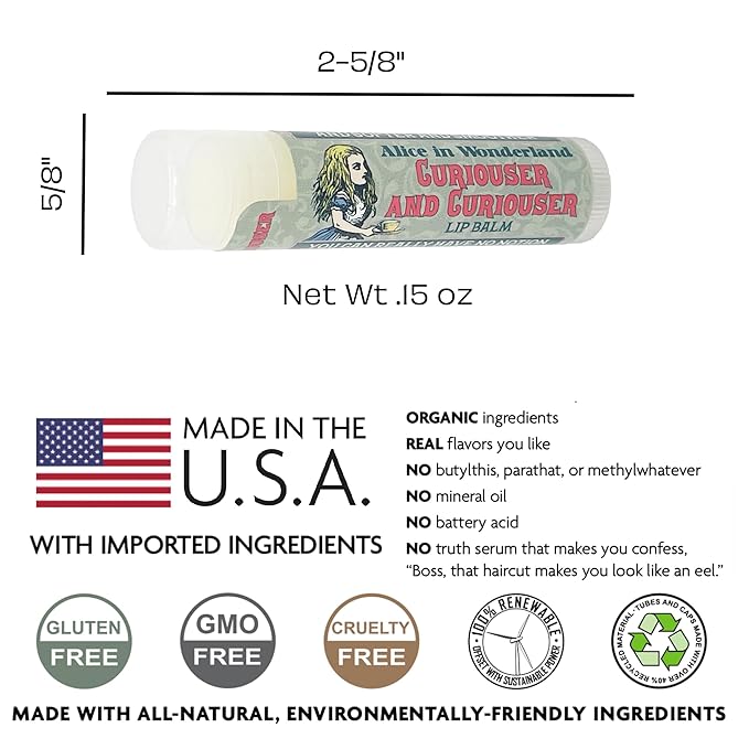 Alice in Wonderland Curioser and Curioser Lip Balm Tube, Orange Marmalade Flavored - Cruelty-Free and Made in the USA with Natural and Imported Ingredients