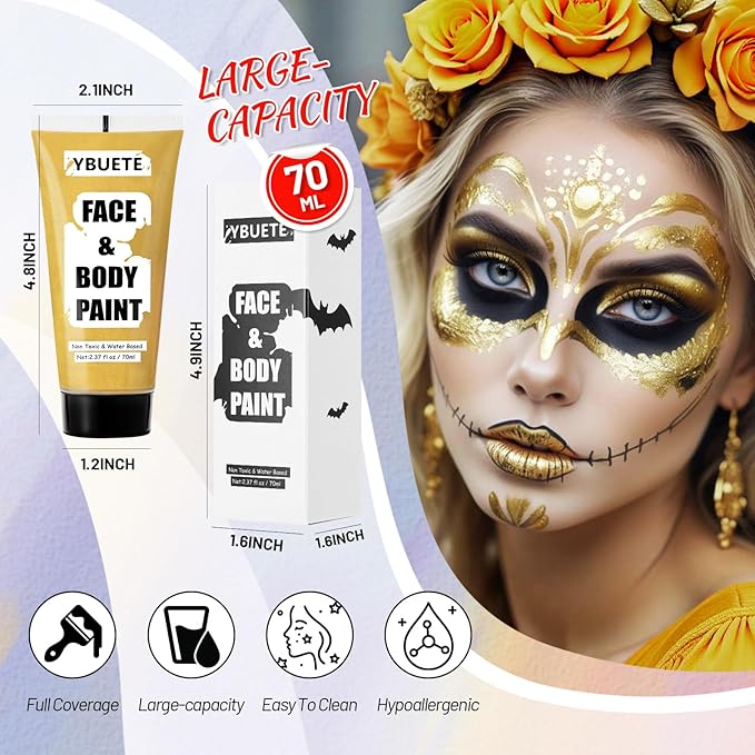 Gold Water Based Face Body Paint, 2.37 OZ Large Tube Full Coverage Face Paint for Skull Goth Cosplay Makeup, Washable Metallic Gold Body Painting Cream for Adult Carnival Halloween SFX Makeup