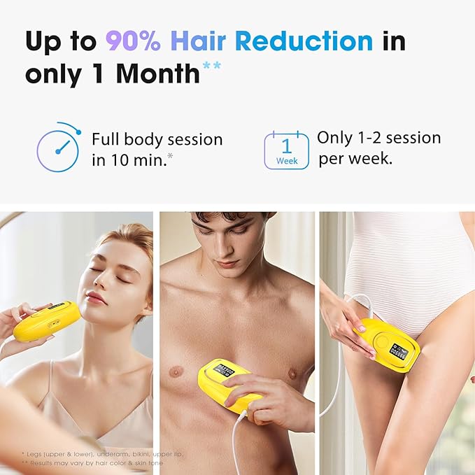IPL Laser Hair Removal Device for Women & Men - Home 45°F Ice-Cooling Contact for Painless & Long-Lasting Results, 86% Hair Reduction in 3 Weeks for Full Body & Bikini Line, Light Yellow