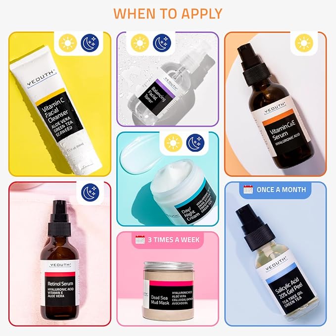 YEOUTH Skin Care Set: Vitamin C Face Wash, Toner, Vitamin C & Retinol Serum, Face Cream, Peel & Mask 7- Piece Skincare Gift Set for Teens, Women & Men