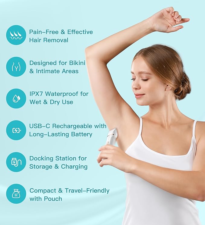 Bikini Trimmer for Women, 3in1 Electric Razor for Women with Facial Trimmers & Intimate Shaver for Sensitive Skin, Waterproof Wet & Dry Use Rechargeable Pubic Hair Trimmer Removal