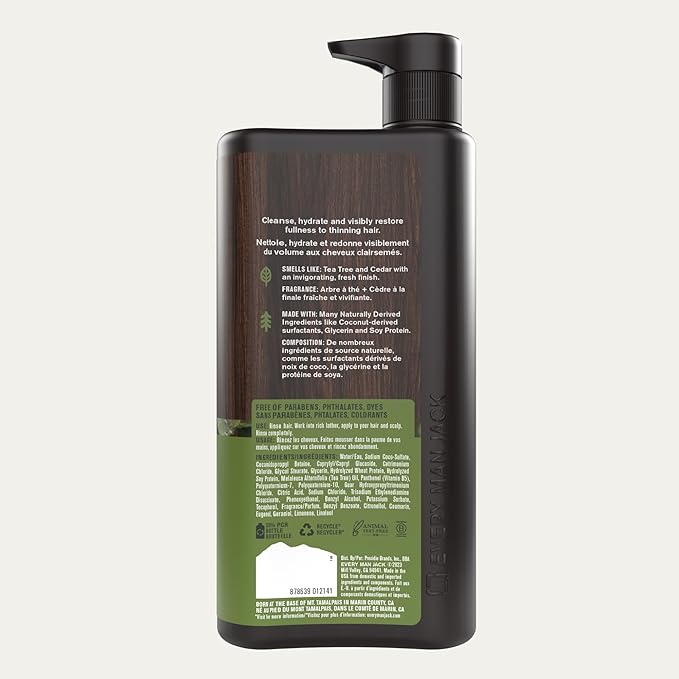 Every Man Jack 2-in-1 Tea Tree + Cedar Shampoo + Conditioner - Thicken, Cleanse, and Hydrate Hair with Coconut, Aloe, Tea Tree Oil - Naturally Derived and No Harmful Chemicals - 24oz -1 Bottle