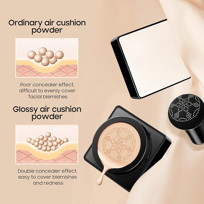 Air Cushion CC Cream Mushroom Head, Soothing Full Coverage Concealer CC Cream with Mushroom Makeup Sponge for Flawless Face Makeup (Buff Beige)