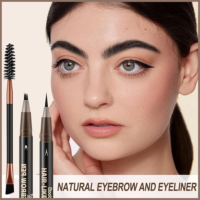 Boobeen 2pcs Waterproof Eyebrow Pen，Dual-Ended Eyeliner Microblading Eyebrow Pencil for Women，Long Lasting Hair-Like Brow Pen with Brow Brush，Dark Brown