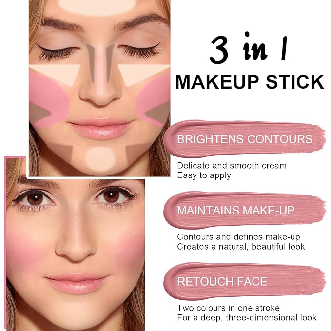 6 Colors Cream Contour Stick Makeup Contour Kit,Double-ended Cream Bronzer Stick for Sculpt, Highlighter Stick,Cream Blush Stick,Lightweight Contour Makeup Kit, Matte & Dewy Finish (SET A)