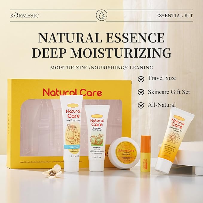 facial skin care set - facial gift sets for women - mini skincare products - body lotion, foot cream, cleanser, lip balm, hand salve