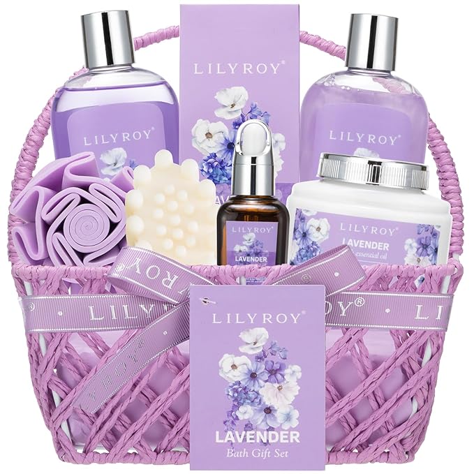 Mothers Day Gifts for Mom - 8 Pcs Lavender Bath & Body Gift Set for Women, Spa Gift Basket with Bath Bomb | Christmas, Birthday Gifts, Self Care & Pampering Gifts for Her, All Occasion Holiday Present