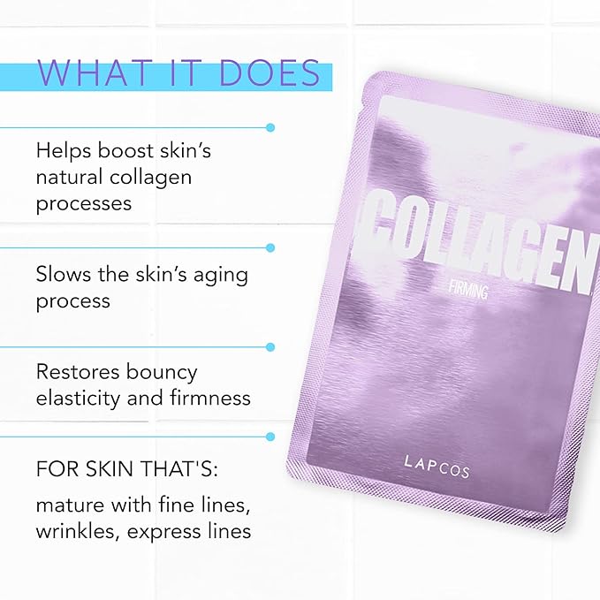 LAPCOS Collagen Sheet Mask, Firming Daily Face Mask with Collagen Peptides for Anti-Aging, Helps to Minimize Wrinkles, Restores Skin Elasticity & Firmness, Korean Beauty Favorite, 5-Pack