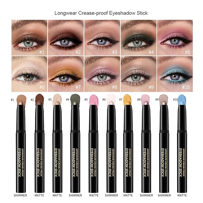 Eyeshadow Stick, Shimmer and Matte Cream Eye Shadow Brightener Sticks Eyeliner Pencil Crayon, Waterproof Long Lasting Eye Highlighter Stick Makeup,0.056 Oz(#8-Fancy)