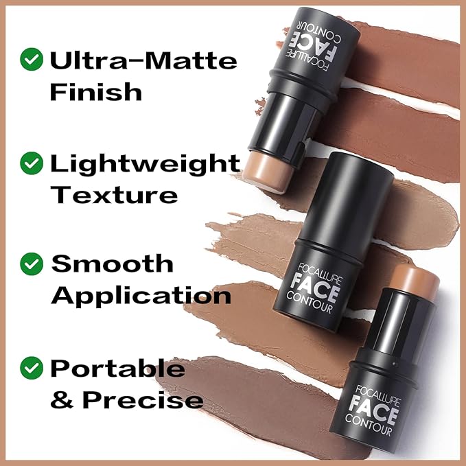 FOCALLURE Cream Contour Stick, Matte Bronzer Stick, Professional Face Shaping & Contouring Stick Makeup, Easy to Apply with Buildable Coverage, Long Lasting & Waterproof, COCOA