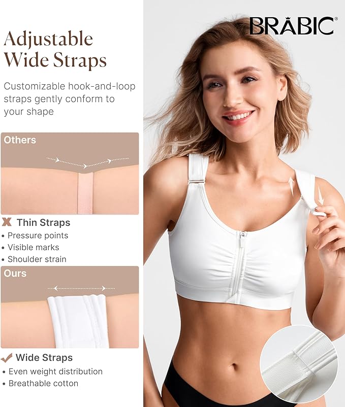 BRABIC Zip Front Closure Everyday Bra for Women Post Surgery Compression Support with Adjustable Straps Wirefree