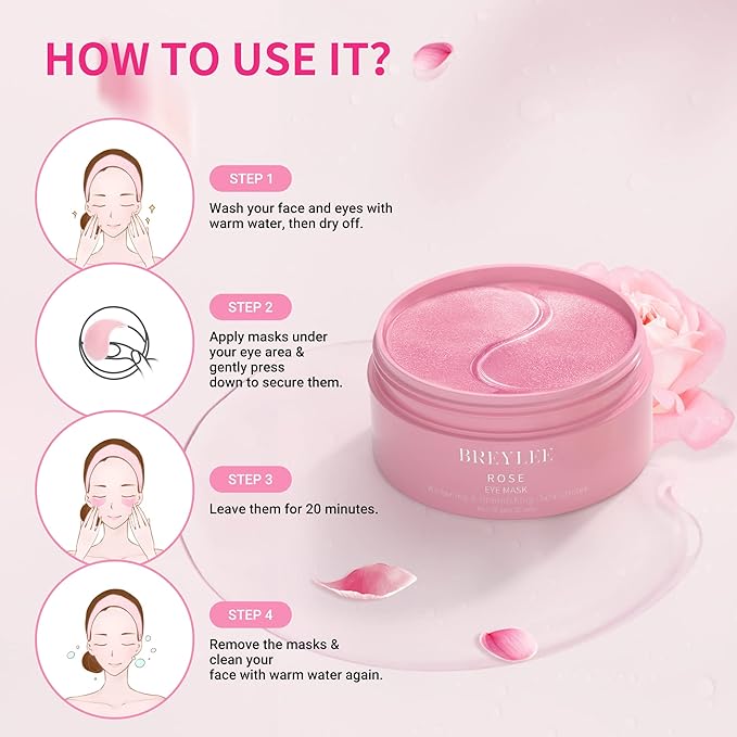 BREYLEE Pink Rose Eye Mask– 60 Pcs - Puffy Eyes and Dark Circles Treatments – Look Younger and Reduce Wrinkles and Fine Lines Undereye, Improve and Firm eye Skin - Pure Natural Material Extraction