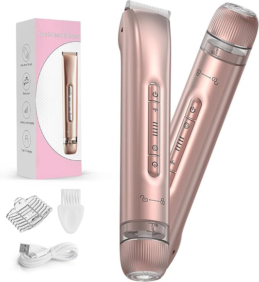 Bikini Trimmer for Women - 2 in 1 Electric Body Hair Trimmer for Silky Skin, Cordless Body Shaver for Travel, IPX7 Waterproof & Easy to Clean, Replaceable Ceramic Blade Heads, Rose Gold