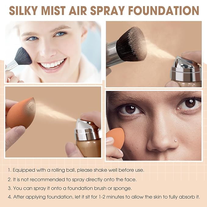 AirBrush Foundation Spray, Silky Mist Foundation Spray Makeup Set with Brush, Full Coverage Foundation for Smooth Radiant Finish, Formula Breathable Lightweight Hydrating | #03 Warm Peach