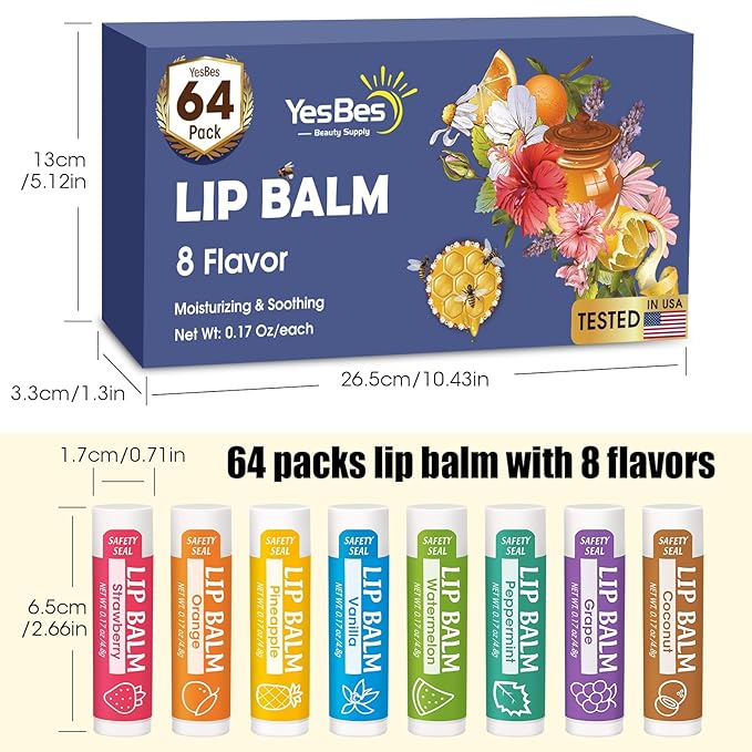 64 Pack Lip Balm, Natural Lip Balm Bulk with Vitamin E and Coconut Oil, Moisturizing Lip Balm for Dry Cracked Lips, Lip Balm for Stocking Stuffers - 8 Flavors