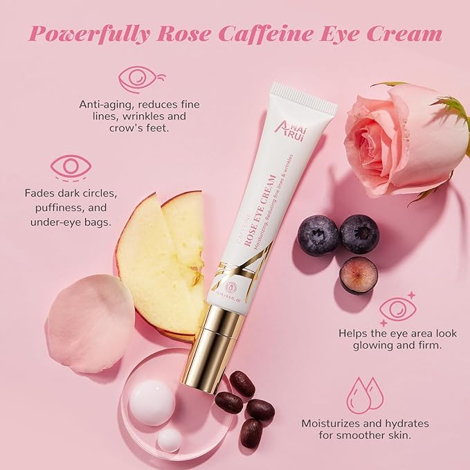ANAI RUI Rose Caffeine Eye Cream for Dark Circles, Under Eye Serum for Puffiness Bags, Anti-Aging Eye Cream with Retinol, Collagen, Hydrating, Firming, Reduce Wrinkles and Fine Lines Daily 0.5 FL OZ