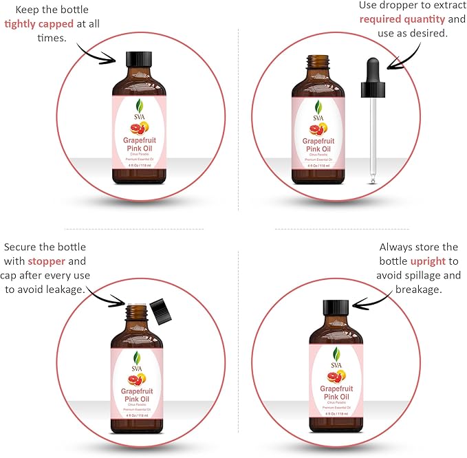 SVA Grapefruit Essential Oil Pink – 4 Fl Oz – 100% Natural Grapefruit Oil - for Diffuser, Hair Care, Face, Skin Care, Aromatherapy, Scalp and Body Massage, Soap and Candle Making - with Dropper
