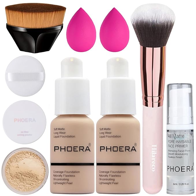 PHOERA Foundation, Full Coverage Foundation, PHOERA Primer, PHOERA Powder, PHOERA Makeup Set, Kabuki Makeup Brushes Foundation Brush Powder Brush,2 Pcs Makeup Sponge (2 PCS 102- Nude)