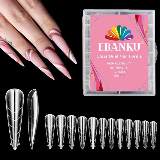 EBANKU 120Pcs Poly Gel Nail Forms, Long Stiletto Clear Dual Forms for Poly Extension Gel Structure Nail Tips Molds for Nail Art Design Salon&DIY