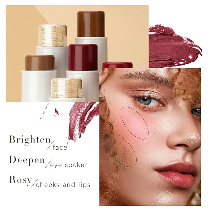3 Colors Highlilghter Contour Blush Sticks Creamy Sticks for Cheeks, Eyes Cosmetics Stick Set, 3 in 1 Long Lasting Waterproof Moisturizer Makeup Sticks for All Skin